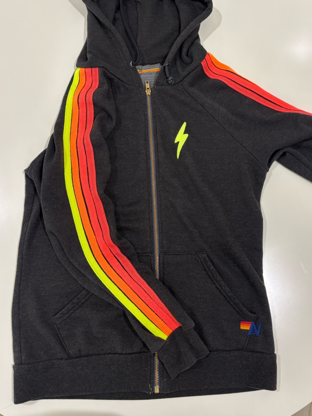 Aviator Nation Black Zip Hoodie with Red Orange Yellow Stripes